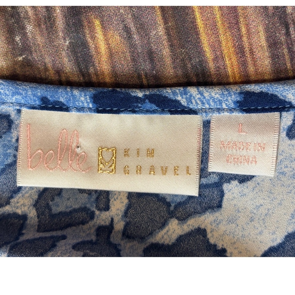 Belle by Kim Gravel Womens Blouse L Blue Leopard Print Ruffle Bell Sleeve Top - Picture 10 of 11